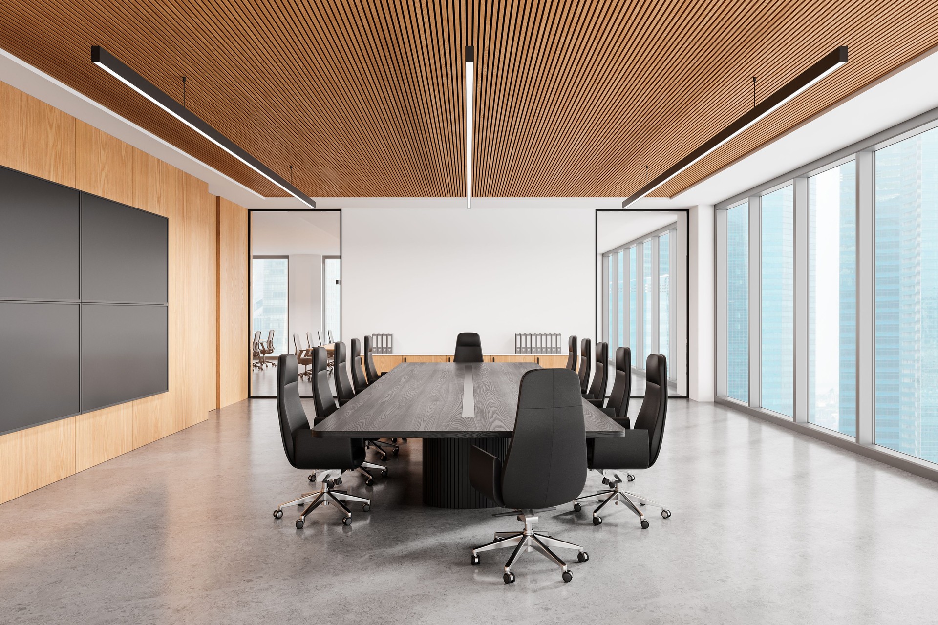 Wooden conference interior with table and chairs, tv screen and panoramic window in a coworking space in Ouagadougou 